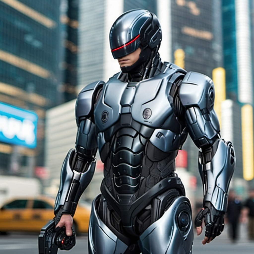 Robocop2014, a robot, full body, cyberpunk city background, highly detailed,  photography, ultra sharp, film, professional, 64k <lora:add-detail-xl:1.5>  <lora:Robocop2014-1024-000325:0.8>