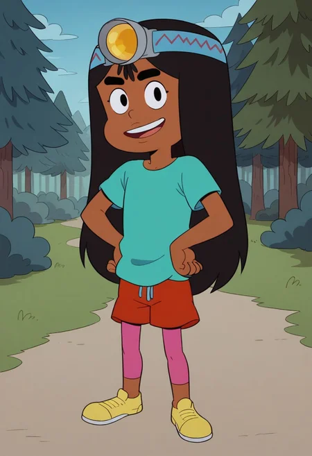 score_8, score_8_up, score_7_up, 1girl, female focus, solo, alone, Stacks_CotC, brown skin, black eyes, black eyebrows, black hair, long hair, headlamp blue with red zigzag pattern, light blue T-shirt, red shorts, pink leggings under shorts, yellow shoes, small stature, full body, smile, standing, outside, grass, forest, Sunny, Blue sky, looking at the viewer, happy, hands on hips