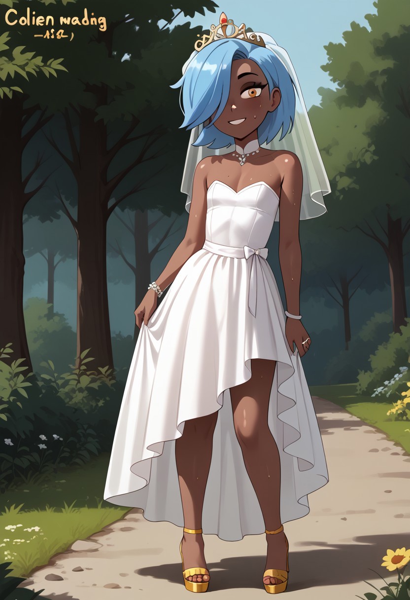 score_7_up, 1girl, erin_cc, dark complexion, one amber eye, one light blue eye, medium length blue hair, hair covering left eye, Full body, barefoot, standing, perfect hands, 5 fingers, perfect barefoot 5 toes, perfect small flat chest natural breasts;  
Wedding dress, Wedding veil, Golden tiara, Wedding ring, Golden high heels sandals,
sensual, curvy, standing, in the woods, outdoors, nature, hike, sweat, looking at viewer, feminine, artistic effects, smiling,
