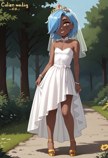 score_7_up, 1girl, erin_cc, dark complexion, one amber eye, one light blue eye, medium length blue hair, hair covering left eye, Full body, barefoot, standing, perfect hands, 5 fingers, perfect barefoot 5 toes, perfect small flat chest natural breasts;
Wedding dress, Wedding veil, Golden tiara, Wedding ring, Golden high heels sandals,
sensual, curvy, standing, in the woods, outdoors, nature, hike, sweat, looking at viewer, feminine, artistic effects, smiling,