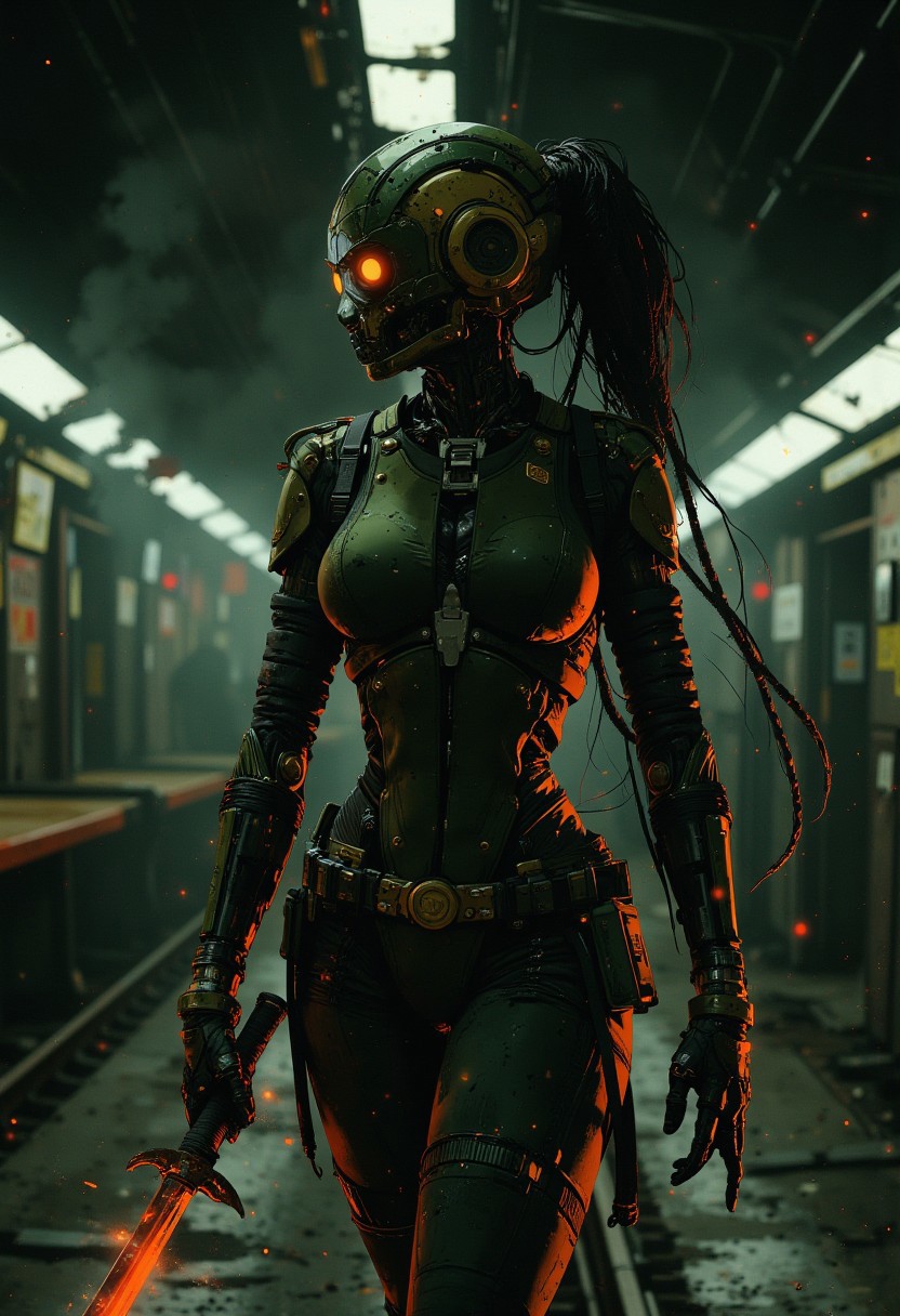 a cyberpunk robot samurai woman, robot face with mirrored face shield, robot joints, body made of metals, cables and wires, holding a katana by the hilt, in a cyberpunk subway station, dim lighting from overhead strip lighting, silhouetted in the gloom. Perfect Composition, realistic photographic image, RAW photo highest quality, perfect directional lighting, mythp0rt