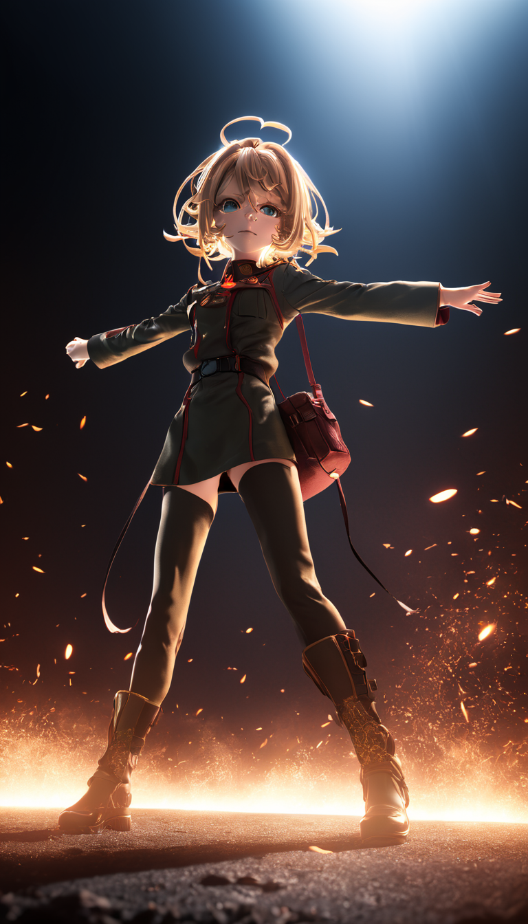 professional 3d model Cinematic scene, hero view, Tanya Degurechaff, Youjo Senki <lora:tanya_degurechaff_xl_v5:1>, action pose, masterpiece, best quality, high quality, highres, absurdres  . octane render, highly detailed, volumetric, dramatic lighting