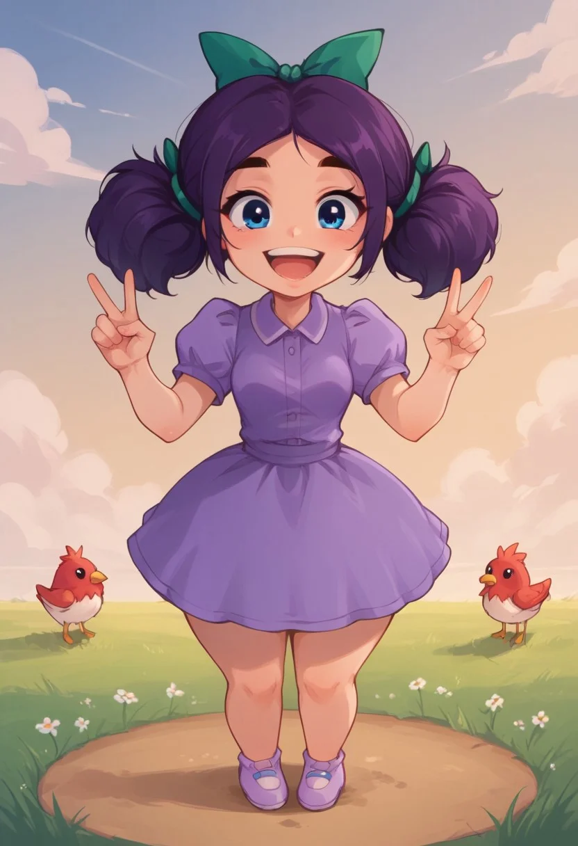 Score_9_up, score_8_up, score_7_up, (detailed face and eyes:1), Expressiveh, source_cartoon, dop style, looking at viewer, 1girl, small body, Short stature, chibi, thick thighs, narrow waist, small breasts, big ass, huge ass, standing, perfect teeth, smile, open eyes, perfect eyes, dressed, fully clothed, full body, 5 fingers, front pose, head on, happy, sign peace in hands
BREAK: in a farm, blue sky, Sunny, clouds, grass, animals (chicken, cow)
BREAK: 1 girl, solo, jas_stardew, purple hair, hairbow, twintails, blue eyes, purple dress