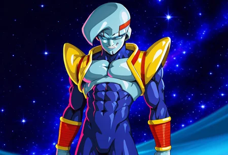 masterpiece, best quality, amazing quality, very aesthetic, absurdres, depth of field, volumetric lighting, absurd res, babgt, tuffle, alien, bodysuit, 1boy, male focus, blue skin, armor, wristbands, blue eyes, no pupils, no irises, abs, muscular, solo, space background, smile, evil smile