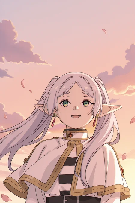 <lora:FrierenStyle:1>, FrierenStyle, 1girl, pointy ears, elf, twintails, solo, green eyes, jewelry, earrings, white capelet, long hair, capelet, open mouth, petals, striped shirt, parted bangs, white hair, striped clothes, sky, shirt, cloud, smile, falling petals, grey hair, dangle earrings, sunset,