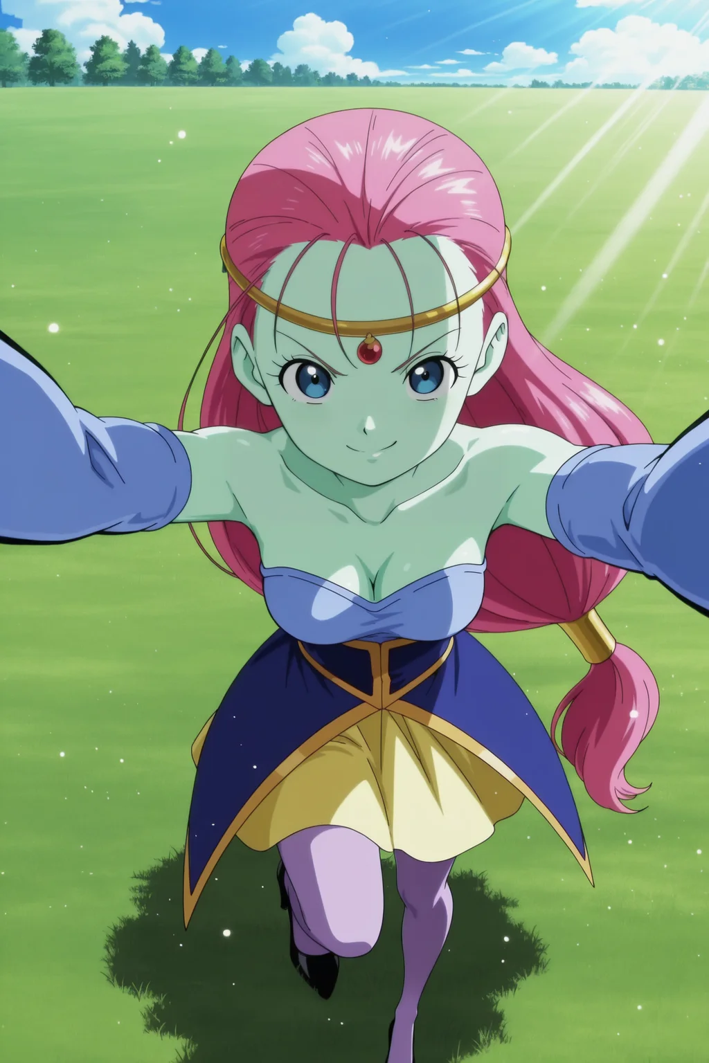 anime screencap, masterpiece, best quality, amazing quality, very aesthetic, absurdres,  newest, (scenery, volumetric lighting), official style, dappled sunlight, light particles, light rays,
caway, 1girl, solo, long hair, raised eyebrows, v-shaped eyebrows, eyelashes, breasts, looking at viewer, smile, blue eyes, detached sleeves, collarbone, strapless, dress, blue dress, cleavage, bare shoulders, medium breasts, skirt, yellow skirt, gold headwear, standing, full body, pink hair, purple legwear, outdoors, sky, day, cloud, high heels, black footwear, knee up, from above, colored skin, green skin, selfie, grass, low-tied long hair, circlet, pantyhose, dappled sunlight, 
 <lora:Caway_iL:0.8>