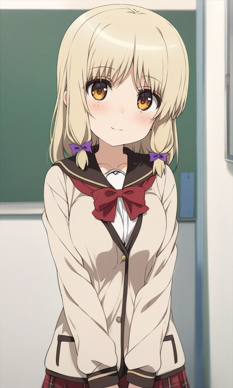 masterpiece, best quality, by ogipote, BREAK
solo, kujoufumi, (big breasts:0.6), school uniform, 
looking at viewer, light smile, blush, red bow, 
indoors, classroom, 
<lora:KujouFumi_XL:1>