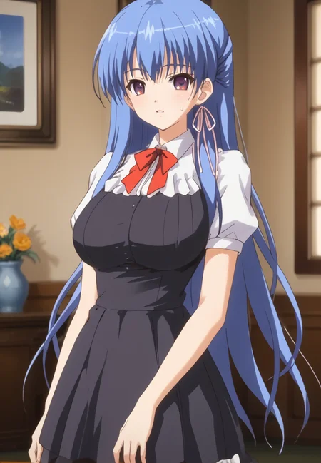zPDXL3, score_9_up, score_8_up, score_7_up, (Anime_source),Masterpiece,(perfect female body:1.2), small waist,(incredibly detailed:1.4), slim, beautiful fingers, beautiful white skin, Beautiful clear skin, (big breasts:1.2) (thick thighs:1.2), parted lips, standing, sweat, looking at viewer, big breasts, <lora:Kuonji_Otoha_-_Dark_Blue-PONY-Kaleid:1> kuonji otoha, 1girl, blue hair, long hair, purple eyes, hair ribbon, (large breasts:1.5) black dress, red bowtie (facing viewer:1.6)