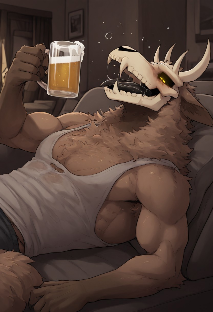 masterpiece, detailed background, best quality, absurd res, high detail, aesthetic, detailed eyes,
Becks, furry male, solo,  demon, skullhead, animal ears, light brown fur,, muscular male, yellow eyes, drunk, long tonge, black tongue, saliva, laying back, sitting on lounge chair,  fluffy, holding beer,
Indoors,  living room, couch, morning, detailed background,