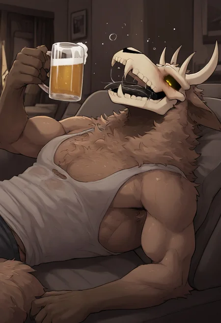masterpiece, detailed background, best quality, absurd res, high detail, aesthetic, detailed eyes,
Becks, furry male, solo, demon, skullhead, animal ears, light brown fur,, muscular male, yellow eyes, drunk, long tonge, black tongue, saliva, laying back, sitting on lounge chair, fluffy, holding beer,
Indoors, living room, couch, morning, detailed background,