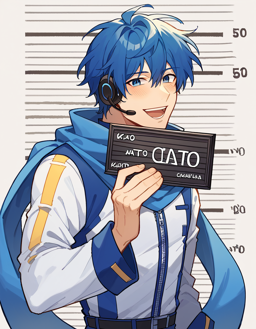 score_9, score_8_up, score_7_up, source_anime, <lora:vocaloid-kaito-ponyxl-lora-nochekaiser:1>, kaito, kaito (vocaloid), blue eyes, blue hair, male focus,, belt, blue pants, blue scarf, blue shirt, coat, headset, microphone, pants, scarf, see-through clothes, zipper, music store, browsing records, headphones, vinyl collection, nostalgic, smile, <lora:ken-mugshot-ponyxl-lora-nochekaiser:1> barbie mugshot, barbie mugshot (meme) height mark, holding sign, nameplate, height chart, sign, meme, smile, open mouth, teeth, blush, cowboy shot, looking at viewer, solo,, dutch angle, cowboy shot