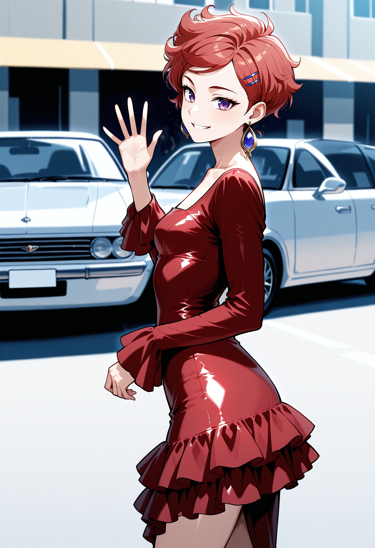 street, car, crowded,
solo, 1girl, bronze skin, purple eyes, ,wavy_hair, pixie hair, short hair, red hair, swept bangs, hairclip, small breasts, earrings, toned,
from side, cowboy shot,
smirk, smile, standing, waving, looking at viewer, side view, 
matakawadress, long dress, long sleeves, asymmetrical skirt, frills dress, bare neck, red dress, satin dress,  <lora:MatakawaDressIlv2:1>,
 <lora:gogalkingIL-style:0.8>