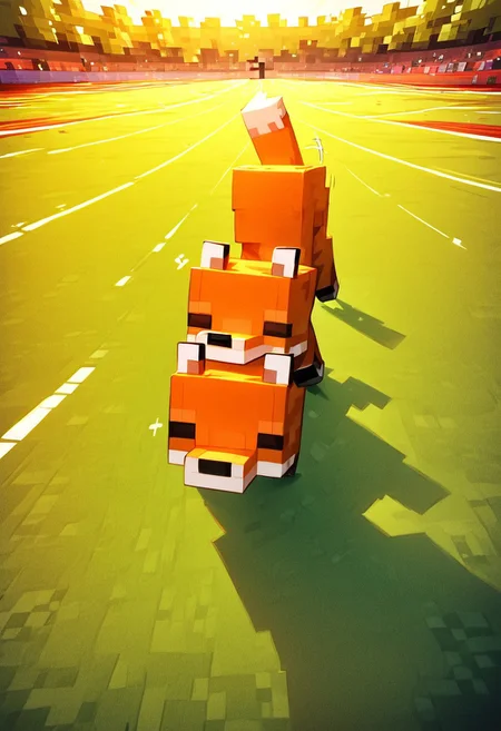 masterpiece, score_9_up, score_8_up, score_7_up, score_6_up, score_5_up, rating_safe, Minecraft, (minecraft fox:1.3) BREAK dusk lighting, dynamic perspective from above, running on a track field, motion lines emphasizing speed
