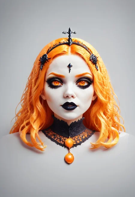 score_9, fantastical appearance of a female, gothic, heavy dark makeup with whimsical elements, magical fairytale landscape, fantasy style art, deep orange, black, white theme, intricate details, ultra sharp, exquisite detail, flawless composition, vivid colors, masterpiece, exciting background, orange peel style