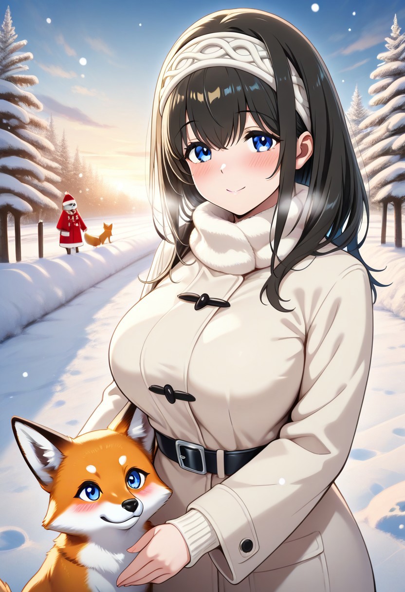 masterpiece, best quality, newest, absurdres, highres, anime,
fumika sagisawa, blue eyes, black hair, long hair, large breasts,
blush, smile,
winter clothes,
1girl, solo,
outdoors, winter,
Animal Christmas, cute animal, fox,
