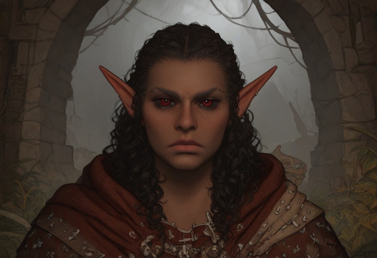solo, short pointy ears, piercings, random elf face, aquiline features, male dark elf, masculine, beard, weathered skin, large nose, athletic build,  animated realism, zoomed out, Syrian features, torso, brass pipes and gears, intricate architecture, dwarven masonry, dwemer fixtures, white-green light, gloomy lighting, ancient ruins, interior, stone tiled floor, grey-blue skin, mahogany and ivory clothes, medium armor, bone plate armor, ivory straps and fittings, grey wood neckguard, dark red sclera, black pupils, distant mushroom forest, blue-green light, neon, highly detailed, defined features, looking at viewer, three quarters view, from front, dynamic lighting, 36 years old, light and shadows, patterned cloth, annoyed expression, expressive eyes, detailed medieval clothes, cropped hair, wavy hair, thick hair, beaded hair, braided hair, under cut hair, semirealistic, alien elf, spanish features, jewish features, black hair, dark red hair, umber skin, sharp features, pastel green berber print cloak, nighttime, high detail, absurdres, pretty eyes, detailed eyes, red eyes,