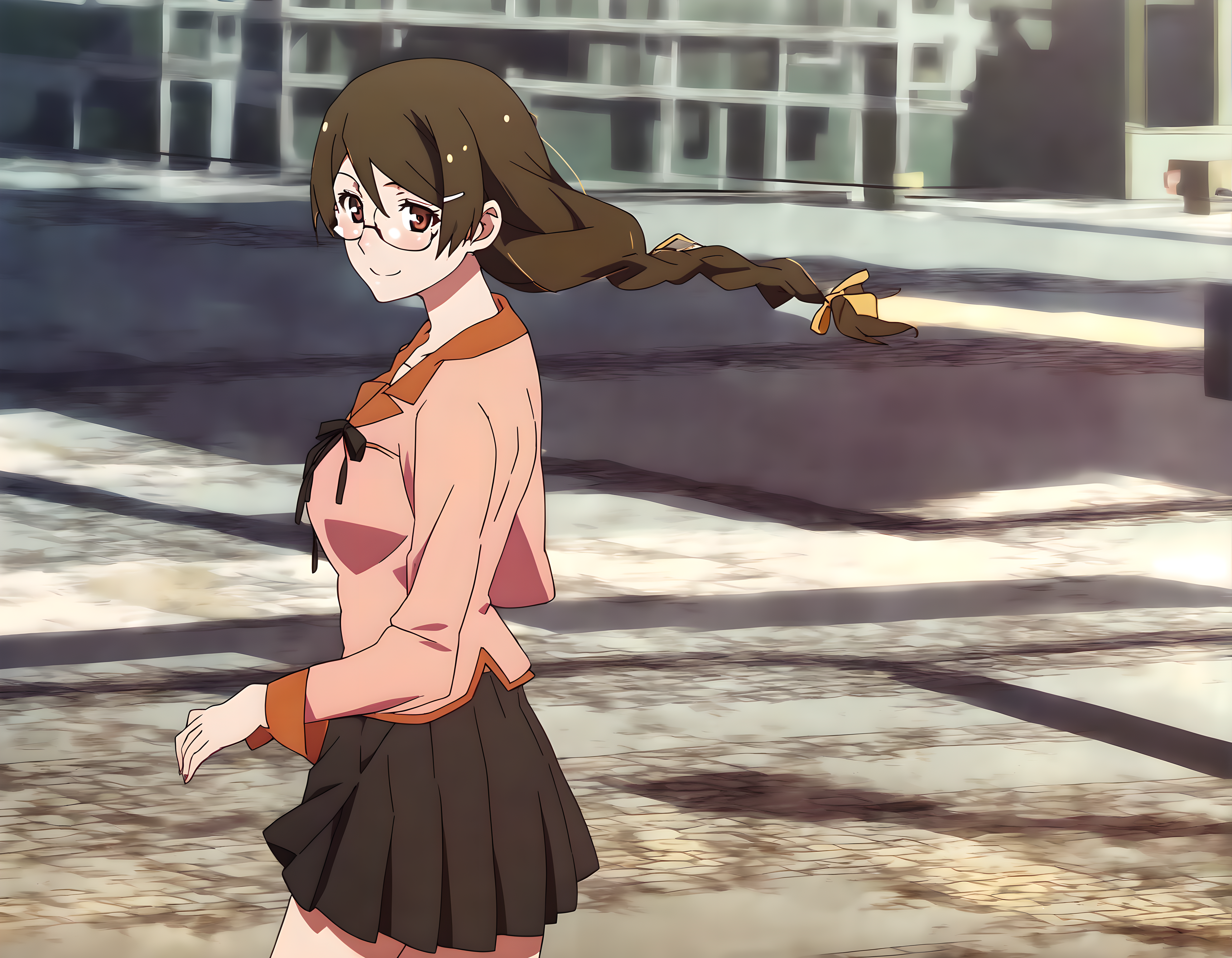 <lora:pony_xl_hanekawa>,hanekawa,score_9,source_anime,best quality,masterpiece,super fine illustration,1girl,solo,looking_at_viewer,cowboy_shot,ribbon,naoetsu_high_school_uniform,school uniform,long sleeves,puffy long sleeves,pink shirt,black skirt,juliet skirt,pleated skirt,collarbone,smile,:d,city,cityscape,street,crosswalk,walk,looking_back,
