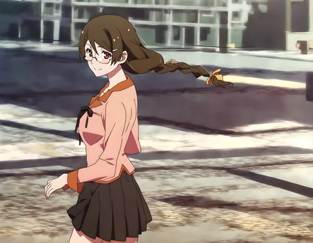 <lora:pony_xl_hanekawa>,hanekawa,score_9,source_anime,best quality,masterpiece,super fine illustration,1girl,solo,looking_at_viewer,cowboy_shot,ribbon,naoetsu_high_school_uniform,school uniform,long sleeves,puffy long sleeves,pink shirt,black skirt,juliet skirt,pleated skirt,collarbone,smile,:d,city,cityscape,street,crosswalk,walk,looking_back,