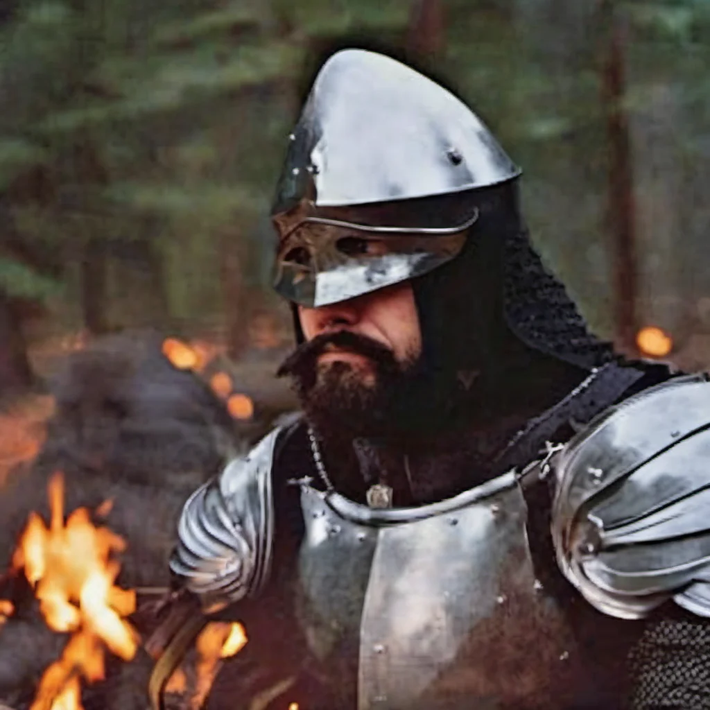 Makar, gothic armor, pale skin, upper part in frame, knight male, near the bonefire, black beard, thick beard, medieval clothing, dark clothes, long sleeves, short hair, sitting near bonefire, face with wrinkles, bruises under the eyes, night dark forest, starry sky, (((film grain))), (warm colors), 1990s fantasy art, (by Jeff Easy, by Julie Bell), solo, 1man <lora:gothic armor:1>