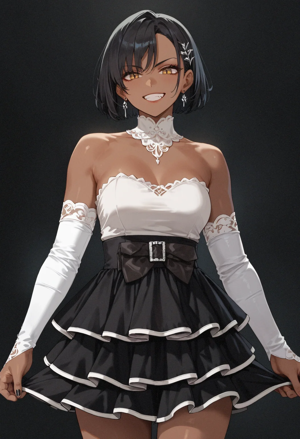 score_9,score_8_up,score_7_up,score_6_up,masterpiece,best quality,amazing quality,very aesthetic,high resolution,ultra-detailed,absurdres,dark background,1girl,staging lightsstanding,looking_at_viewer,evil grin,dark skin,very dark skin,black hair,medium breasts,high-waist skirt,frilled skirt,pleated skirt,white trim,black skirt,bare shoulders,white top,strapless dress,detached sleeves,elbow gloves,white gloves,black bow,<lora:MyTrainings\Temp\White_Top_Black_Frilled_Skirt_Pony_Pony_ARZUMATA\White_Top_Black_Frilled_Skirt_Pony_Pony_ARZUMATA.safetensors:0.7>