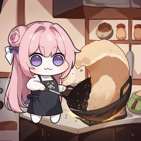 score_9, score_8_up, score_7_up, source_anime, 1girl, incrsfriedriceprankmeme, food, frying pan, holding, kitchen, <lora:FriedRicePrankMeme_XLPD:1>, apron, <lora:Doro_X_PDXL_V1:0.8> doro, creature, :3, chibi, pink hair, purple eyes, hair bun, hair bow, no humans, white skin, four legs, solid circle eyes, no pupils, all fours,