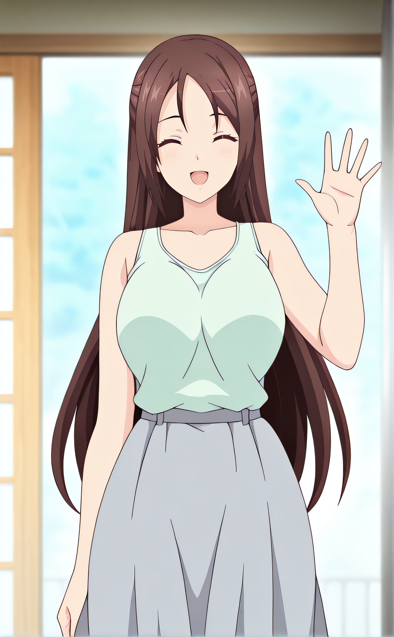 masterpiece, best quality, highres, newest, 1girl, solo, official style, anime screencap, <lora:IL_Okinaka_Yurina:1>, yurina, brown hair, long hair, closed eyes, large breasts, light green tank top, grey skirt, long skirt, cowboy shot, hand up, greetings, smile, open mouth, facing viewer, five fingers