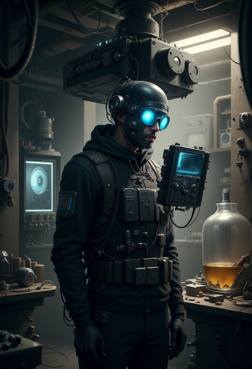 YFG-SpyWorld50s The image shows a futuristic-looking man in a dark room. He is wearing a black hoodie with a blue light on it, a black helmet with a futuristic design, and blue goggles. He has multiple wires and cables attached to his head, and his face is partially obscured by the helmet. He appears to be focused on something in front of him, as if he is working on something.  In the background, there is a large machine that is hanging from the ceiling. The machine is black and has multiple buttons and dials on it. It is connected to a large metal structure that is also connected to the ceiling with wires. There are also several other machines and equipment scattered around the room, including a large glass jar with a yellow liquid inside. The overall mood of the image is dark and mysterious.