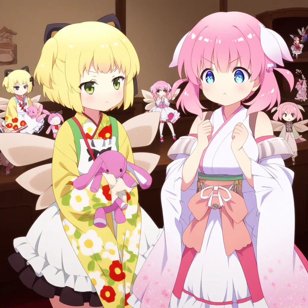 masterpiece, best quality, solo, curvy, beautiful eyes, zzHaizakura, zzGekka, multiple girls, 2girls, pink hair, blue eyes, japanese clothes, green eyes, blonde hair, kimono, wings, detached sleeves, short hair, clenched hands, two side up, yellow kimono, twintails, stuffed toy, indoors, fairy wings, closed mouth, v-shaped eyebrows, blush, short twintails, stuffed rabbit, long sleeves, wide sleeves, fairy, floral print, apron, doll, :<