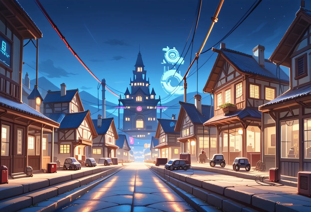 score_9, score_8_up, score_7 ,robot joints, ruanyi0779, science fiction, neon lights, cable, industrial pipemevicab, scenery, village, houses, townhouses, square, reddish night, two moons in the background