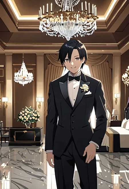 Highres, Masterpiece, High Quality, 4K, 8K, solo, 1Boy, Takaki Toono, adult, black hair, short hair, ballroom, luxury hotel, luxury room, marble floor, crystal chandelier, classic ornaments, tuxedo, smile, musterius, classy, confident, rich, easynegative, detailed_eye_model