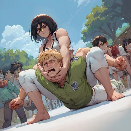 score_9,score_8_up,score_7_up,score_6_up BREAK
Near a village, crowd in background, Mikasa Ackerman grabs a man s neck and puts her feet in his face
1girl (Mikasa Ackerman, strong, dominant female, good muscle tone, crop top, white shorts, squatting, strangling, barefoot, wrestling) camel clutch 1boy (on stomach, submissive male, defeated, loser, weakling, camp)
camel clutch, wrestling, mixed wrestling, ((femdom)), fFaceDetail, low angle
<lora:camel_clutch-000013:0.85>