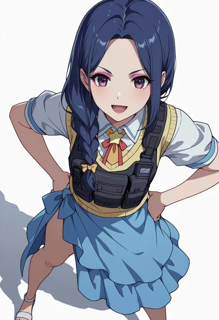 Smooth Quality,masterpiece,very intricate, high quality details, ultra realistic, high detailed skin,detailed enviorement,absurdres,
<lora:Nerula:0.8> nerula_cnr, 1girl,blue hair, long hair, single braid, purple eyes, makeup, eyeshadow,, simple background, white background, from above,solo,
standing, hands on hips, feet apart, determined, looking forward, ,, :d,, sweater vest, ,tactical vest, ,sarong skirt, ,