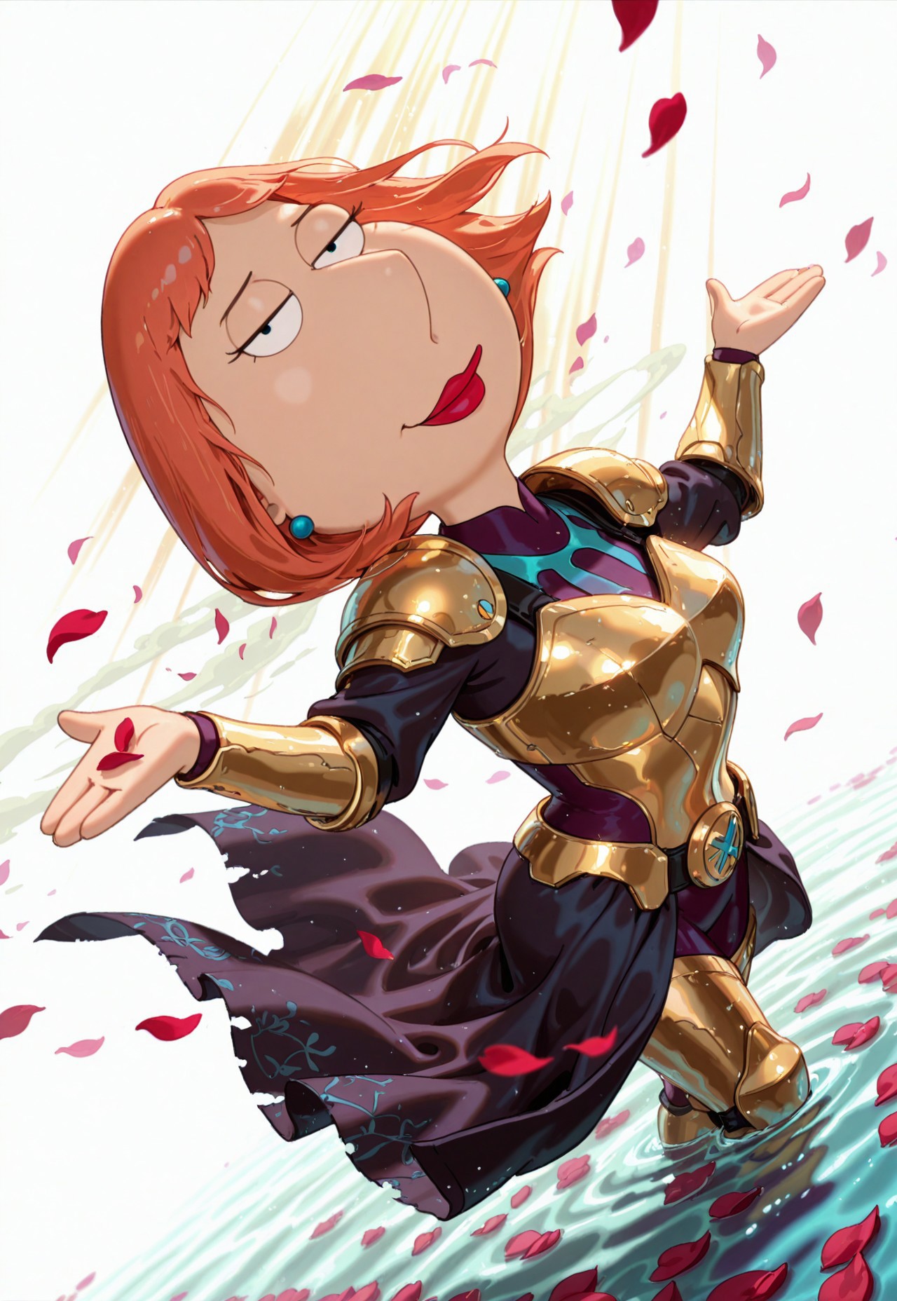 safe_pos, lo1sgf, 1girl, orange hair, blue earrings, armor, shoulder armor, pauldrons, gold, gold armor, dancing, seductive smile, looking at viewer, dancing, cowboy shot, BREAK HDR, 8K, masterpiece, best quality, amazing quality, very aesthetic, superabsurd res, high resolution, absurdres, newest, scenery, light rays, epic, dynamic angle, solo, gbf_style, BREAK flower petals, rose petals, rose petals in the air, in water, wind, dutch angle, wide shot, from above, white background, simple background,