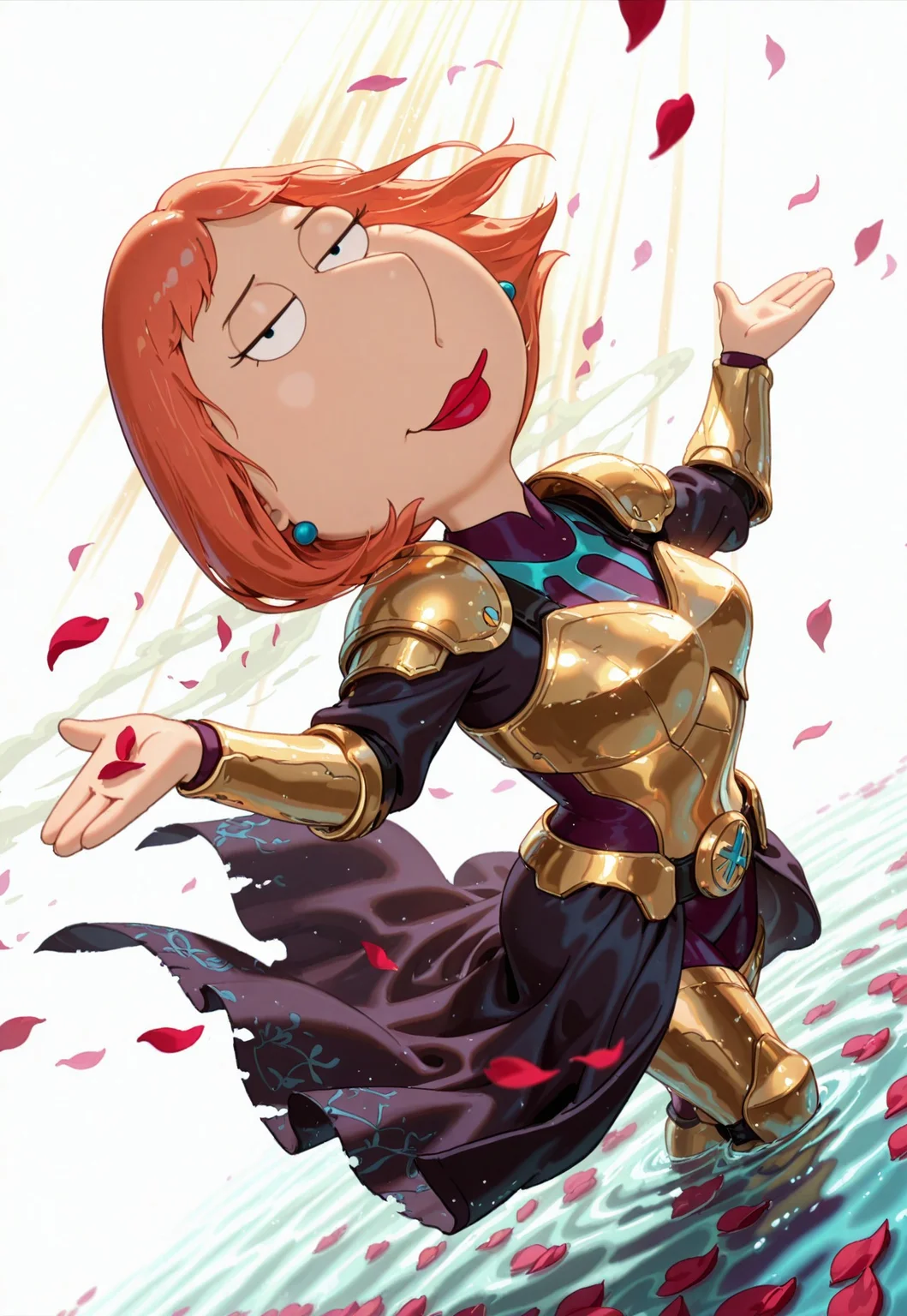 safe_pos, lo1sgf, 1girl, orange hair, blue earrings, armor, shoulder armor, pauldrons, gold, gold armor, dancing, seductive smile, looking at viewer, dancing, cowboy shot, BREAK HDR, 8K, masterpiece, best quality, amazing quality, very aesthetic, superabsurd res, high resolution, absurdres, newest, scenery, light rays, epic, dynamic angle, solo, gbf_style, BREAK flower petals, rose petals, rose petals in the air, in water, wind, dutch angle, wide shot, from above, white background, simple background,
