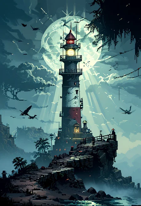score_9, score_8_up, score_7_up, yamer_pixel_fusion, pixel art, 
(lighthouse:1.2)
god rays,
in the style of a vintage, high-contrast setting, dark and mysterious atmosphere, Resplendent spotlighting, Emphasize theatrical elements with bursts of bright colors against dark, moody backgrounds,
etro futuristic, atompunk, hyper-detailed, scifi, lofi, d3p1x3l, pixel art, a broken moon hangs in the sky