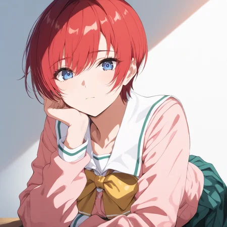 masterpiece,high score,great score,absurdres,solo,looking at viewer,upper_body,portrait,school_uniform,pink long sleeves,yellow bow,green skirt,<lora:Asami_Replay ag4o v1:1> asami_replay, red hair, short hair, blue eyes,