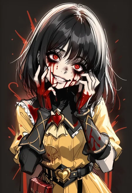score_9, score_8_up, score_7_up,
deep skin, skindentation, highres, highly detailed, high resolution, high quality, highres,
source_anime, anime screencap, saturation, vivid colors,
1girl, solo, cowboy shot,
black hair, red eyes, medium hair, (messy hair:0.8), bags under eyes,
(yellow steampunk dress:1.1), (magical girl dress:1.1), (brown shorts:1.2), roll out shorts, black tights, long black sleeves, utility belt,
gesugao, (blood on face, blood on body, excessive blood, bloodied hands:1.2), hands on cheek, (looking at viewer:1.2),
red sketch, (black background:1.2)