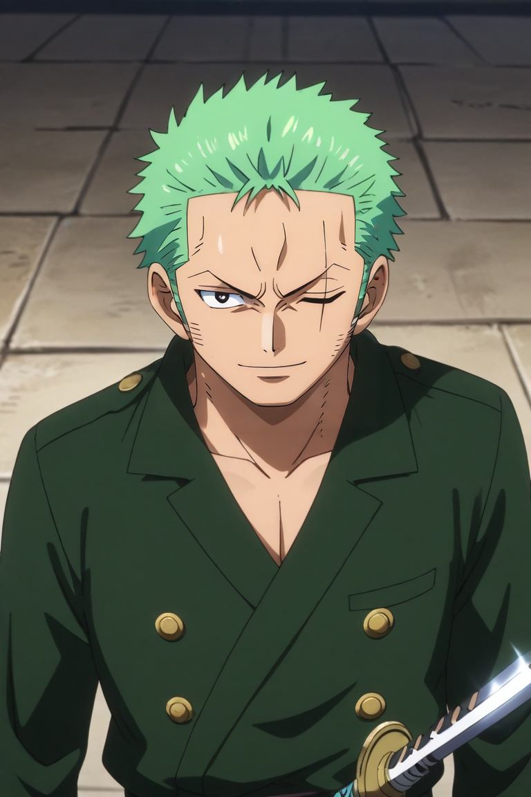 score_9, score_8_up, score_7_up, source_anime, , anime screencap, , , looking at viewer, , , 1boy, solo, male focus, <lora:zoro_roronoa_pony:0.88>, zoro_roronoa, green hair, black eyes, short hair, , , post timeskip, , scar across eye, one eye closed, , katana, holding sword, , smile, , world war 2, , <lora:sdxl_lightning_8step_lora:1>