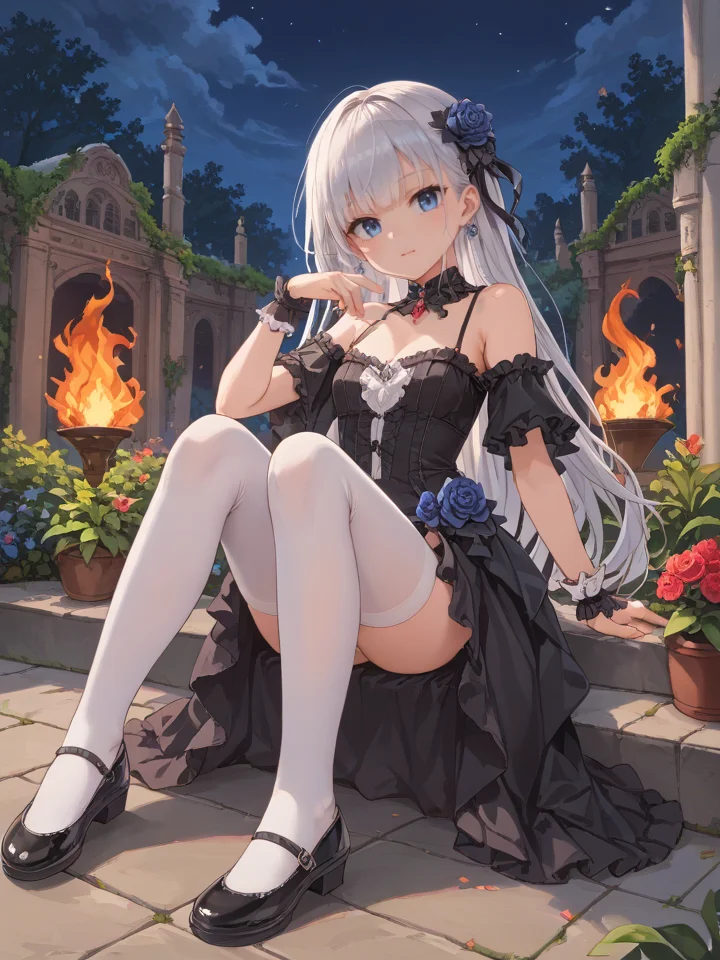(score_9), score_8_up, highres, 1girl, anime, elegant gothic dress, garden, sitting, dynamic pose, ((fire)), evening, night,
<lora:Cotton_v2:0.8> cotton tights, white legwear, black mary janes,, <lora:sd_xl_dpo_turbo_lora_v1-128dim:1>