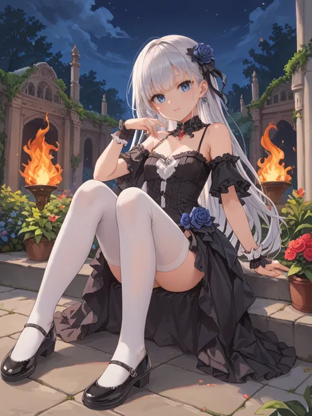 (score_9), score_8_up, highres, 1girl, anime, elegant gothic dress, garden, sitting, dynamic pose, ((fire)), evening, night,
<lora:Cotton_v2:0.8> cotton tights, white legwear, black mary janes,, <lora:sd_xl_dpo_turbo_lora_v1-128dim:1>