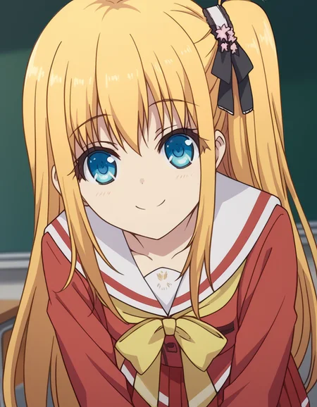score_9, score_8_up, score_7_up, source_anime,
yusakurobane, <lora:yusa-kurobane-s1-ponyxl-lora-nochekaiser:1>,
yusa kurobane, long hair, blue eyes, blonde hair, hair ornament, ribbon, hair ribbon, one side up, side ponytail,
school uniform, serafuku, long sleeves, red blazer, red skirt, pleated skirt, white sailor collar,
indoors, classroom, bent over, smile,
looking at viewer, cowboy shot, solo, dutch angle,