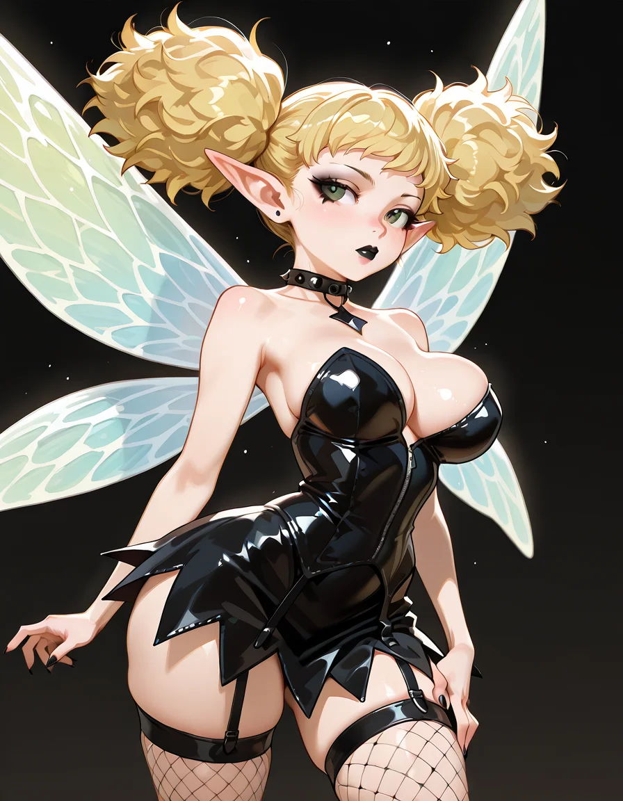 <lora:Tiki_Dragon_Crown_Illustrious:1>tiki, solo, big titty goth girlfriend, fairy, black dress, leather, fishnets, black lipstick, black makeup, blonde
