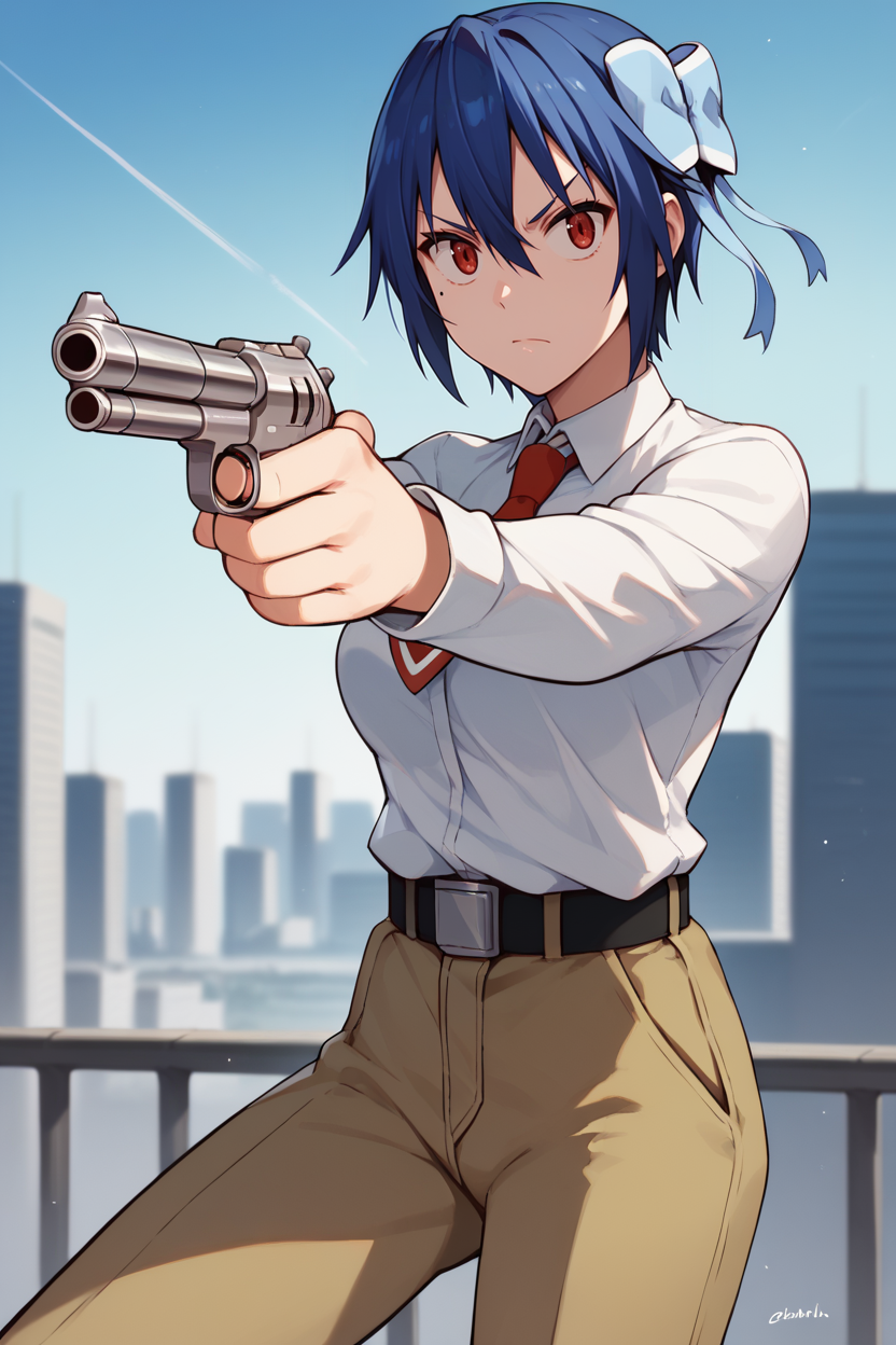 score_9, score_8_up, score_7_up, score_6_up, 1girl, solo BREAK <lora:tsugumi-pdxl-nvwls-v1-000006:1> tsugumi seishirou, mole under eyes, blue hair, short hair, hair bow, white shirt, collared shirt, red necktie, belt, brown pants, medium breasts, aiming pistol, aiming at you, gun, looking at you, serious, blue sky, city
