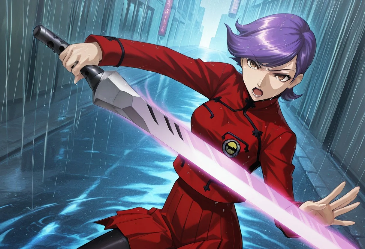 score_9,score_8_up,score_7_up,source_anime,5_figner,2d_animation,game cg,BREAK,1girl,solo,
Sagami Kei,short hair,swept bangs,purple hair,brown eyes,red lips,school uniform,red skirt,pleated skirt,black pantyhose,long sleeves,shoes,sword,weapon,fighting stance,slashing,openmouth,
cowboy shot,serious,
hongkong background,building sign,rain,
masterpiece,best qualit,ultra-detailed,illustration,an extremely delicate and beautiful,beautiful detailed eyes,unity 8k wallpaper,high resolution,anime CG,official_art,Erotic_style,anime_coloring, anime_screencap,