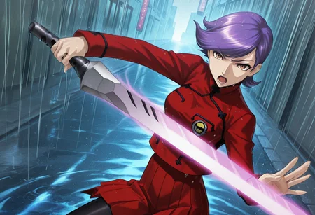 score_9,score_8_up,score_7_up,source_anime,5_figner,2d_animation,game cg,BREAK,1girl,solo,
Sagami Kei,short hair,swept bangs,purple hair,brown eyes,red lips,school uniform,red skirt,pleated skirt,black pantyhose,long sleeves,shoes,sword,weapon,fighting stance,slashing,openmouth,
cowboy shot,serious,
hongkong background,building sign,rain,
masterpiece,best qualit,ultra-detailed,illustration,an extremely delicate and beautiful,beautiful detailed eyes,unity 8k wallpaper,high resolution,anime CG,official_art,Erotic_style,anime_coloring, anime_screencap,