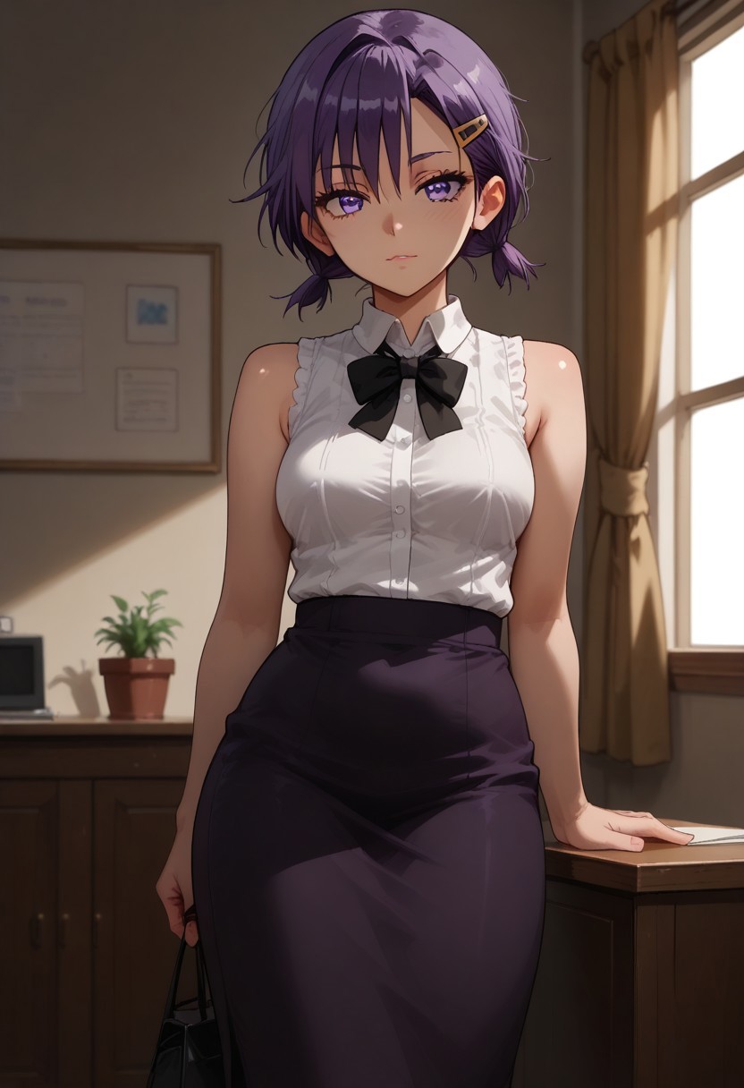 score_9, score_8_up, score_7_up, score_6_up, (1girl ), (solo),
BREAK,
HDA_MasterpieceXL_v.1,
BREAK
1girl: <lora:Asumi_Kominami BWBGD-V1>,asumi kominami,
small hair, hair ornament, small twintails, purple eyes, purple hair,
 hairclip, medium breasts.
BREAK
half body,black bow, white sleeveless shirt, purple skirt,
 pencil skirt,( long skirt:1.9) , black shoes