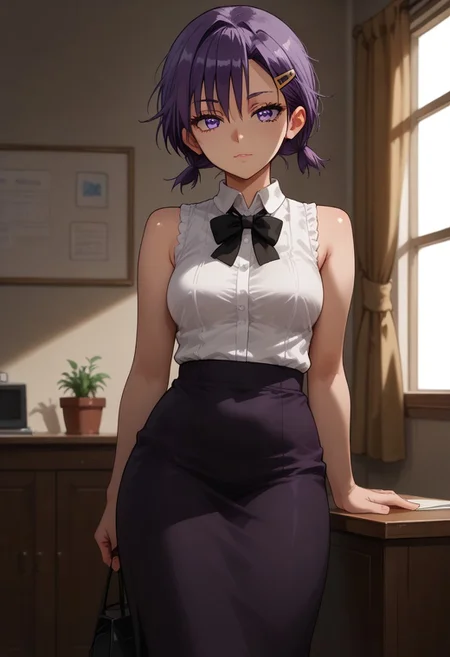 score_9, score_8_up, score_7_up, score_6_up, (1girl ), (solo),
BREAK,
HDA_MasterpieceXL_v.1,
BREAK
1girl: <lora:Asumi_Kominami BWBGD-V1>,asumi kominami,
small hair, hair ornament, small twintails, purple eyes, purple hair,
 hairclip, medium breasts.
BREAK
half body,black bow, white sleeveless shirt, purple skirt,
 pencil skirt,( long skirt:1.9) , black shoes