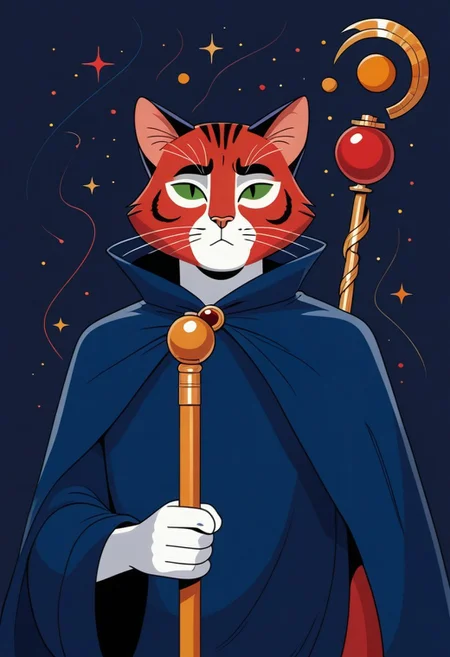 score_9, score_8_up, score_7_up, solo, 1 cat, easynegative, catman, staff, memphis corporate design, flat art, flat coloring, simple, vector art, corporate art, cel shading, cel shaded, Vector Cartoon Illustration, catman, man with cat head, red furr catman, red furr, dark blue mantle, beige backgound,