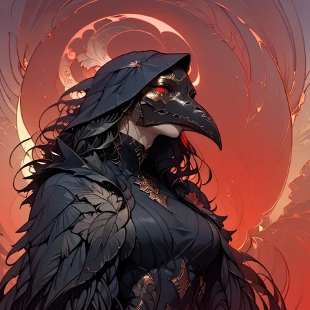 zPDXL3 , Expressiveh , score_9 , score_8 , score_7 , score_6_up , highly detailed , high quality , high res , skindentation , Art Noveau , Noveau ,
solo ,female , plague doctor, mask , dark halo , feathered wing , black feather , feather coat , voluptuous , dress , 
(blood eclipse , red sky ,background) ,