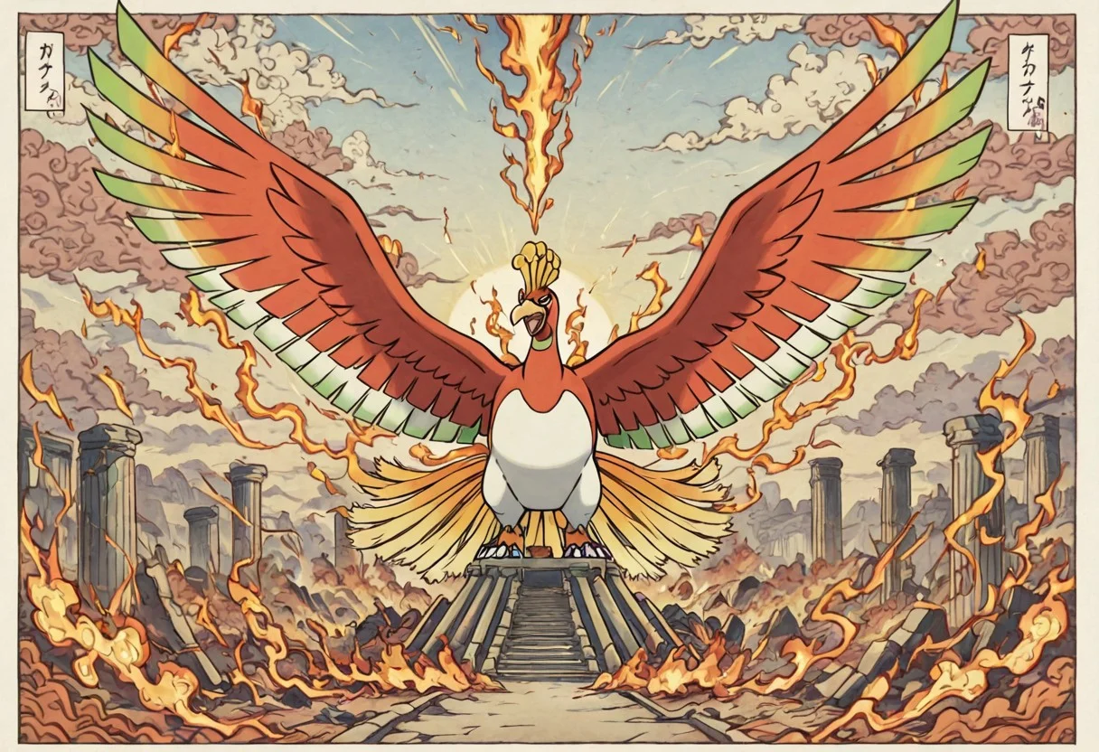 pokemon (creature), ho-oh, style, thick lines, outline, no humans, phoenix, rainbow wings, glowing feathers, fire, sunlight, solo, outdoors, ancient ruins, sky, majestic pose, clouds parting, divine aura